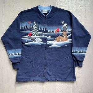 Vintage 90s Artisans Sunschein Designs Winter Deer Forest Snow Animals Cardigan